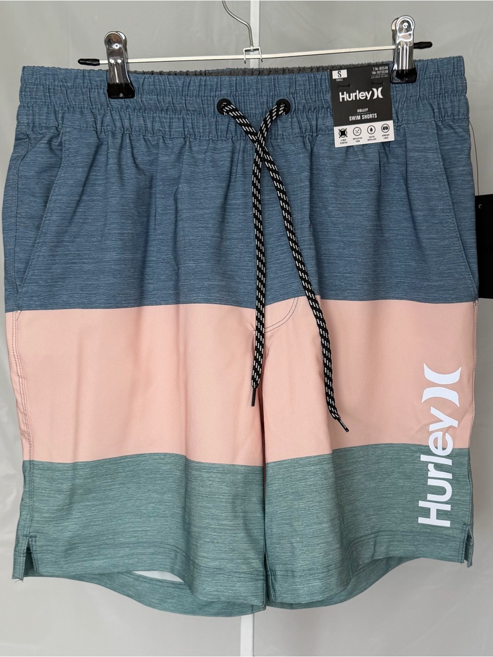 Hurley Volley Swim Shorts Color Block Blue Peach Green Small NWT